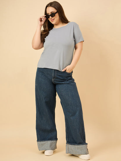 Plus Size Plain Cotton T-Shirt For Women - Blue Satin