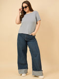 Plus size cotton casual T-shirt in blue satin 