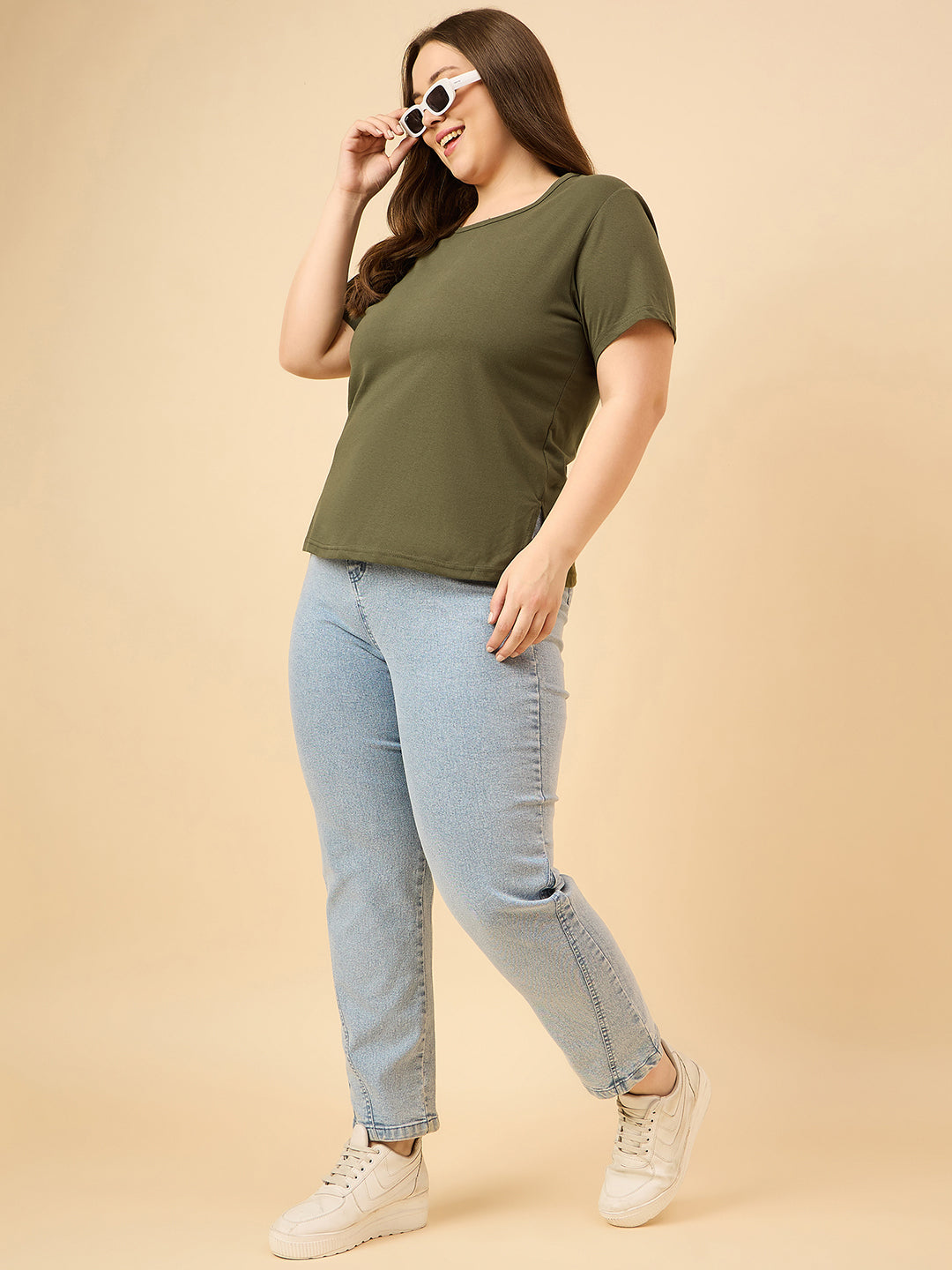 Plus Size Plain Cotton T-Shirt For Women - Olive Green