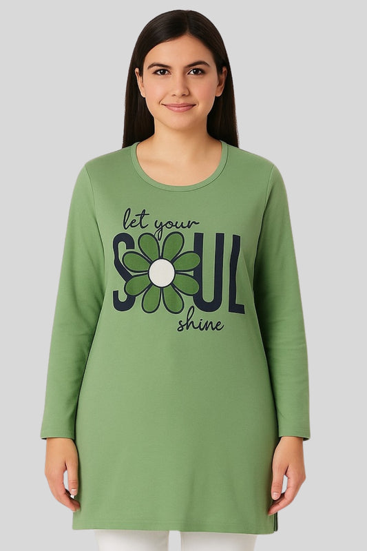 Cotton Long Top for Women - Full Sleeve - Green