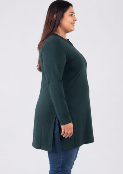 Plus Size Full Sleeves Long Top For Women - Bottle Green