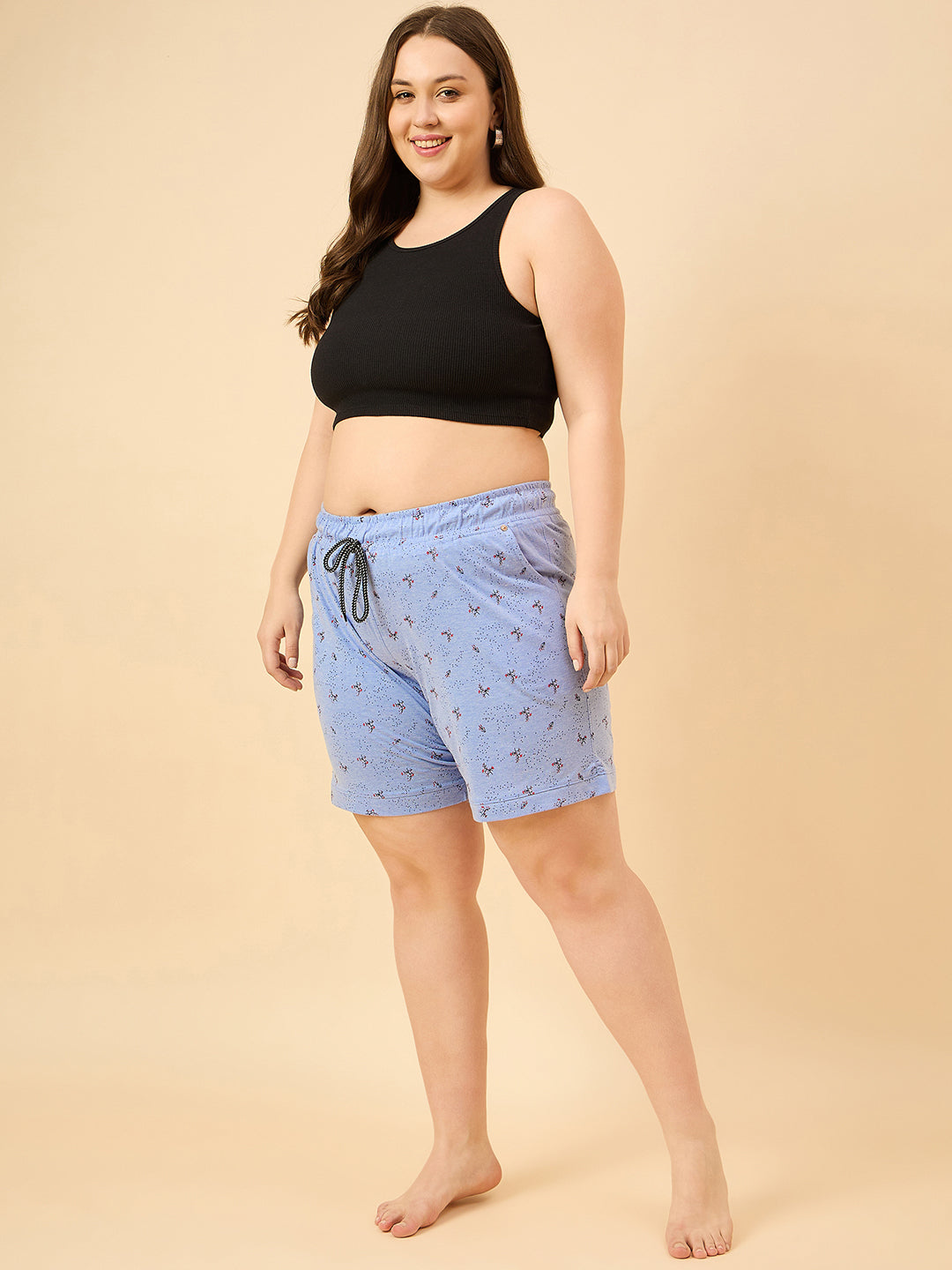 Plus Size Cotton Shorts For Women - Printed Bermuda - Sky Blue