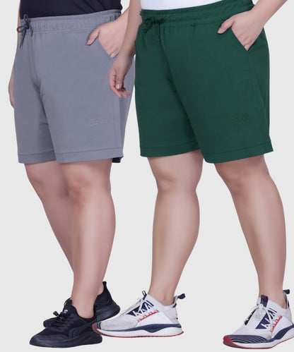 Plus Size Cotton Shorts For Women - Plain Bermuda Combo (Grey/Bottle)