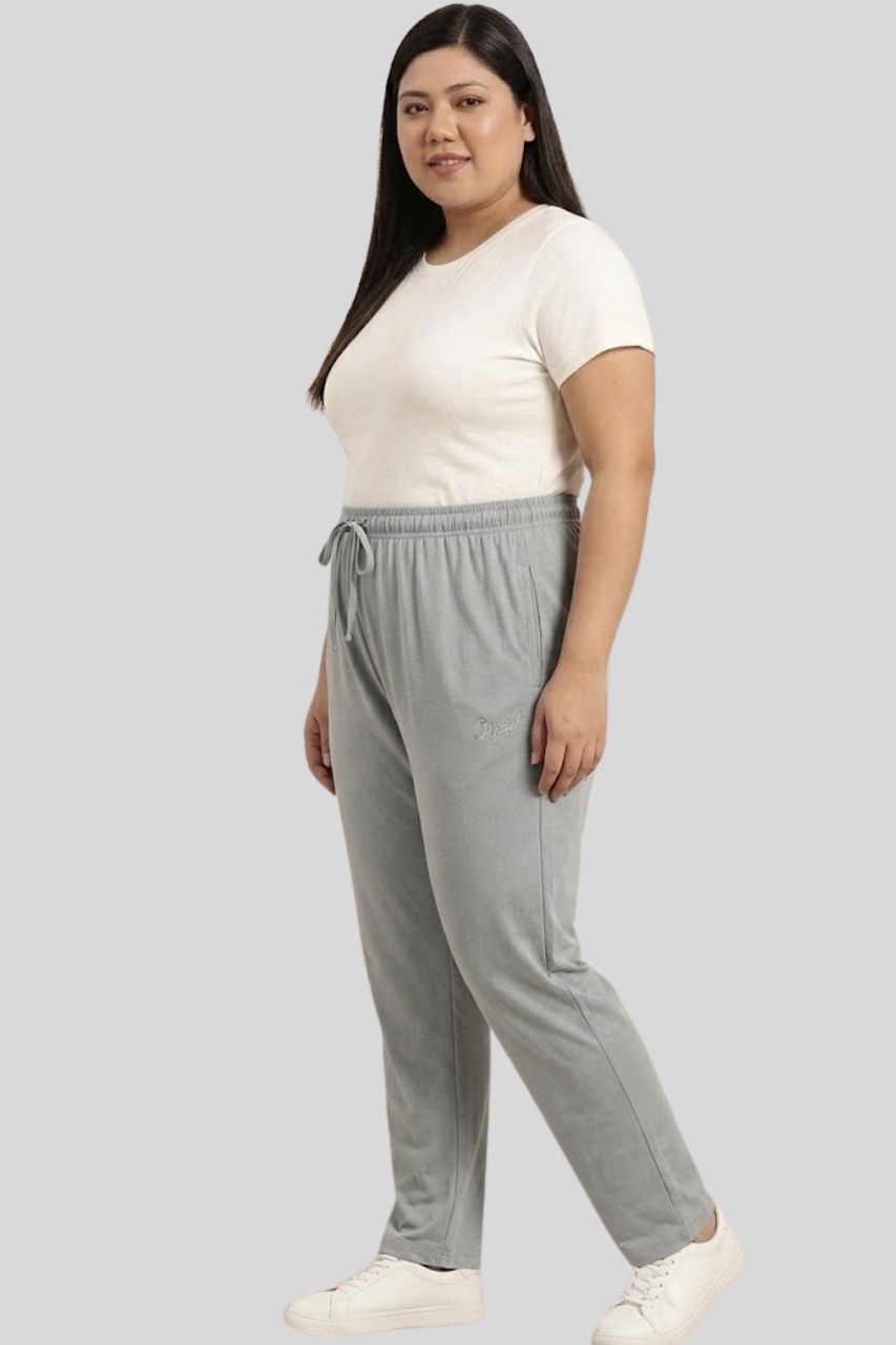 Pearl Grey Cotton Trackpants With One Side Zip Pocket