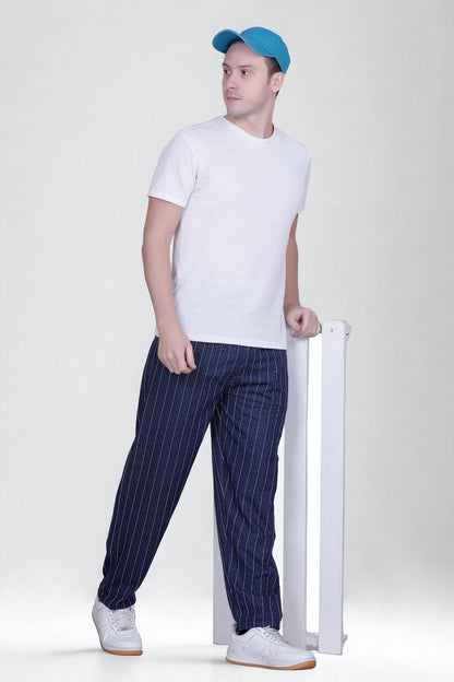Jinxer Men’s Striped Straight-Fit Cotton Trackpant -Navy Blue