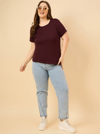 Plus Size Plain Cotton T-Shirt For Women - Wine