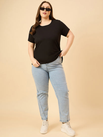 Plus Size Plain Cotton T-Shirt For Women - Black