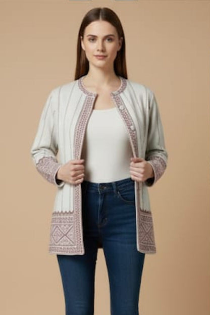 Jacquard Knit Warm Woollen Cardigan - White