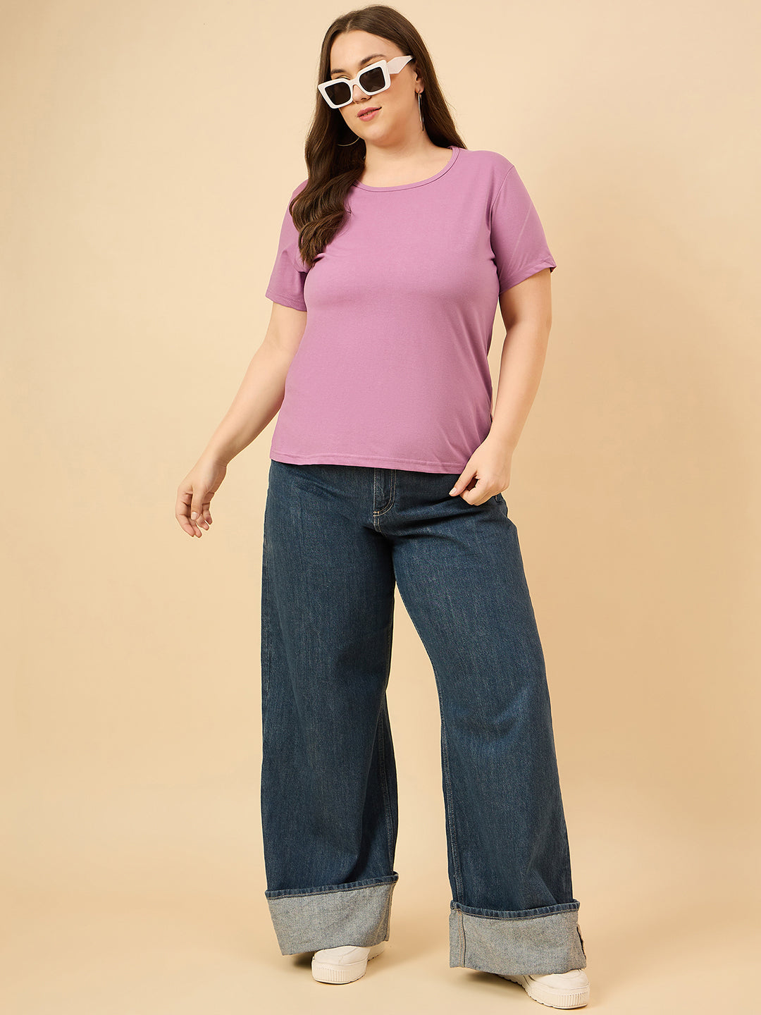 Plus Size Plain Cotton T-Shirt For Women - Mauve