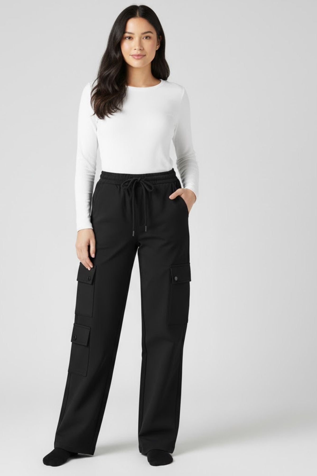 Plus Size Winters Cozy Fleece Cargo Pants For Women - Black