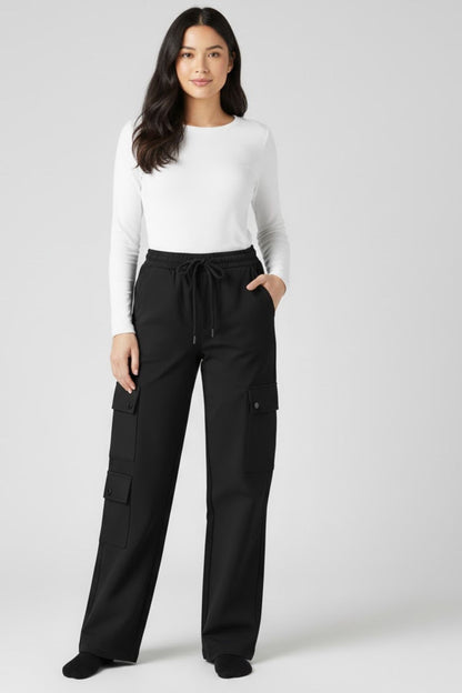 Plus Size Winters Cozy Fleece Cargo Pants For Women - Black