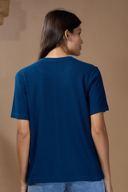 Woman One Ring Script Embroidered Cotton Relaxed  Fit T-Shirt: Ocean Blue