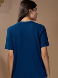Woman One Ring Script Embroidered Cotton Relaxed  Fit T-Shirt: Ocean Blue