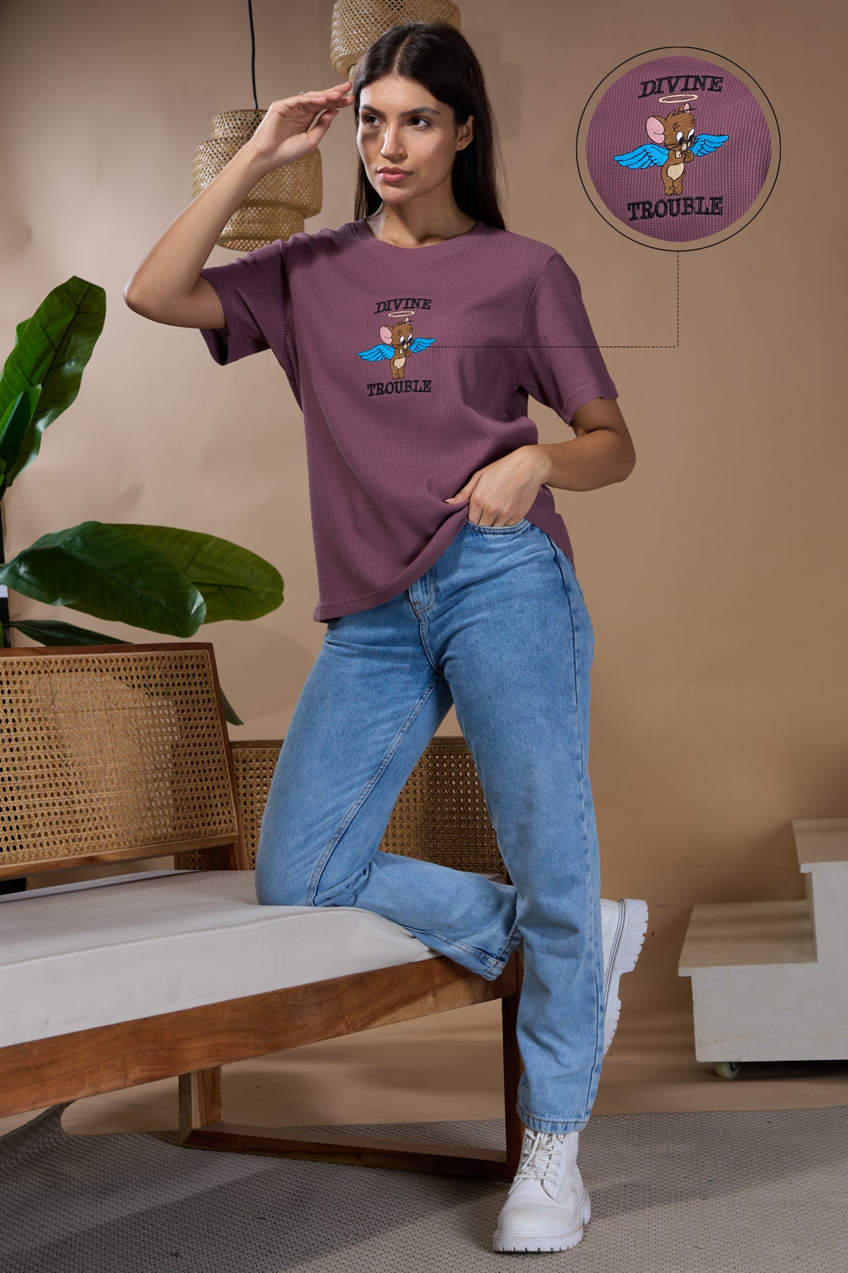 Woman Divine Trouble Textured  Cotton Relaxed  Fit T-Shirt: French Lilac