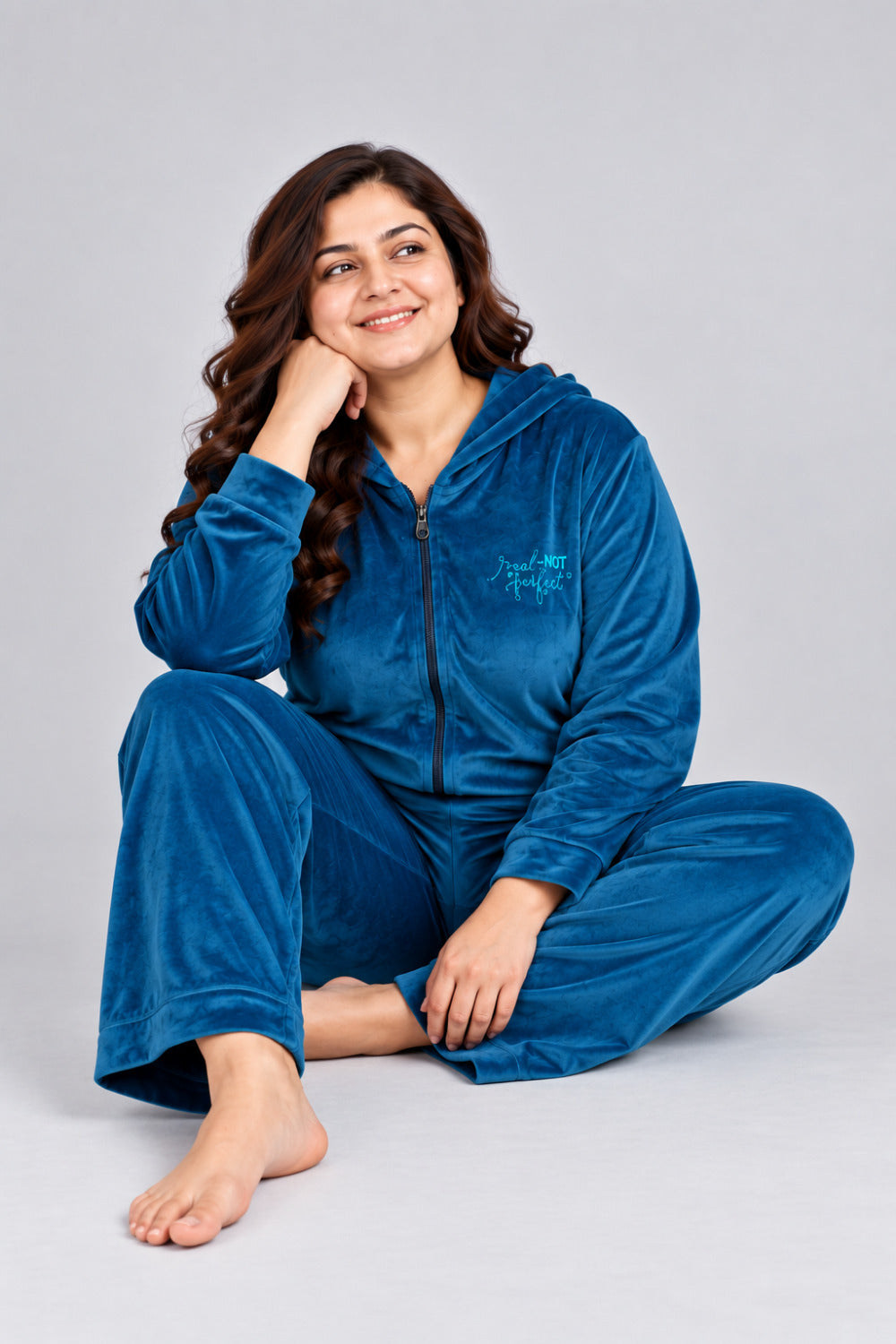 Winter Cotton Velour Tracksuit Set For Woman -Blue Velvet