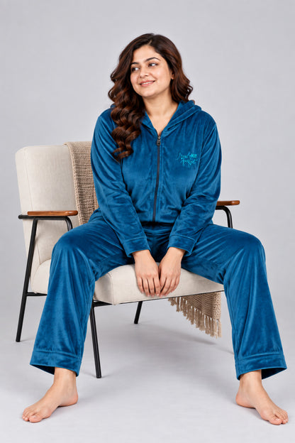 Winter Cotton Velour Tracksuit Set For Woman -Blue Velvet