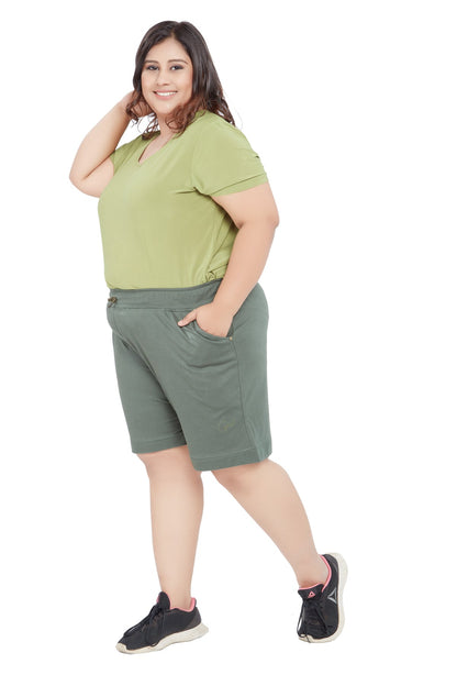 Plus Size Cotton Shorts For Women - Plain Bermuda Combo (Olive Green & Pink)