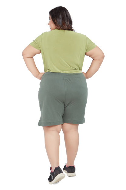 Plus Size Cotton Shorts For Women - Plain Bermuda Combo (Olive Green & Pink)