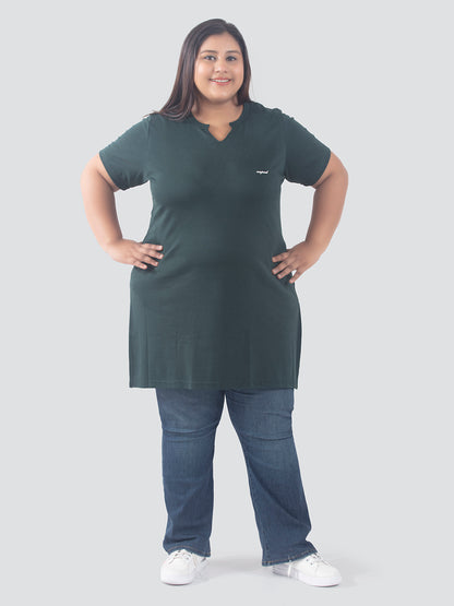 Stylish Bottle Green Cotton Plus Size Half Sleeves Long Top For Women Online In India