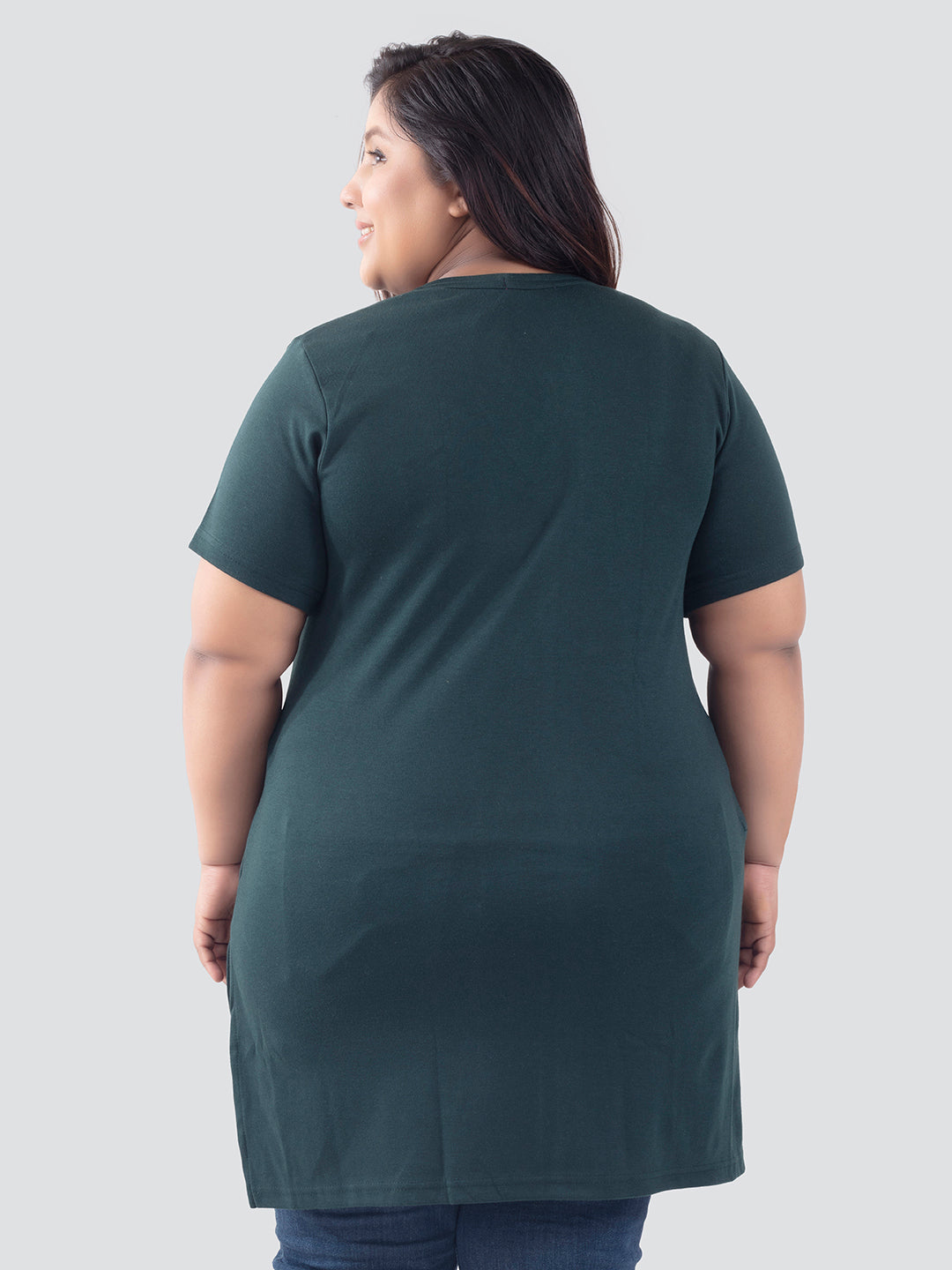 Stylish Bottle Green Cotton Plus Size Half Sleeves Long Top For Women Online In India
