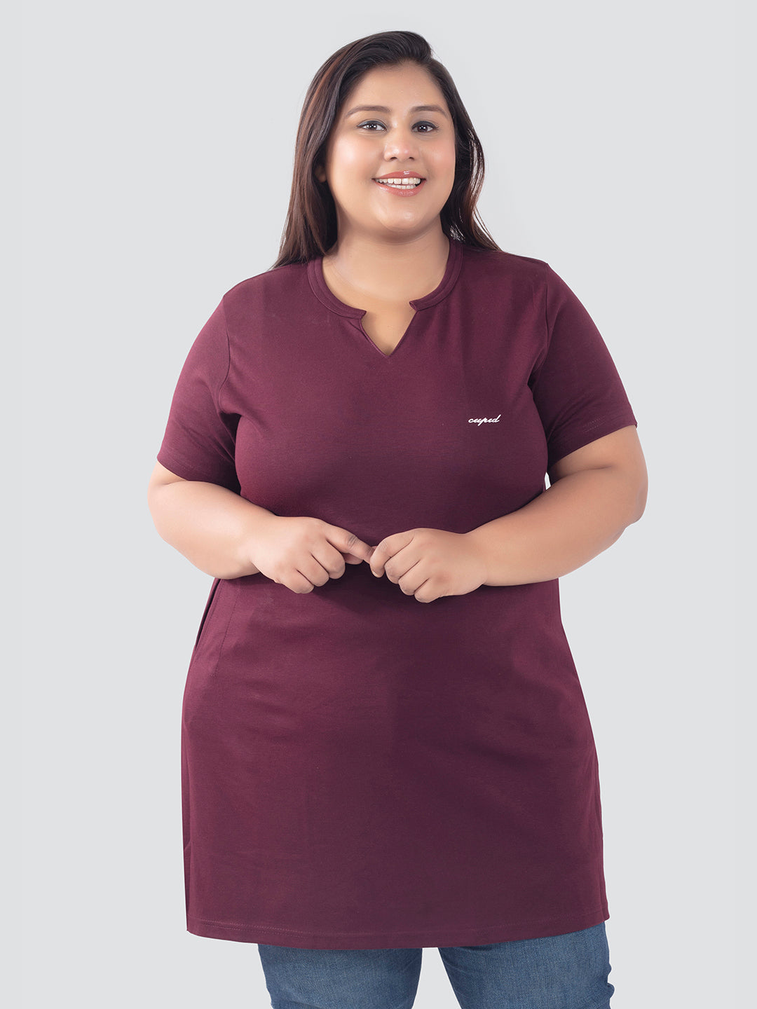Stylish Wine Cotton Plus Size Half Sleeves Long Top For Women Online In India