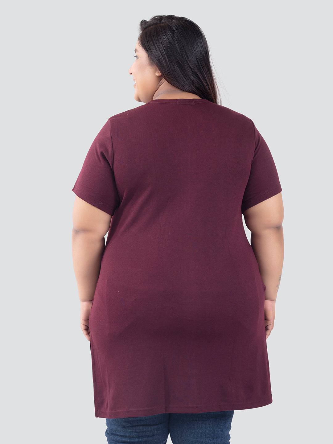 Stylish Wine Cotton Plus Size Half Sleeves Long Top For Women Online In India