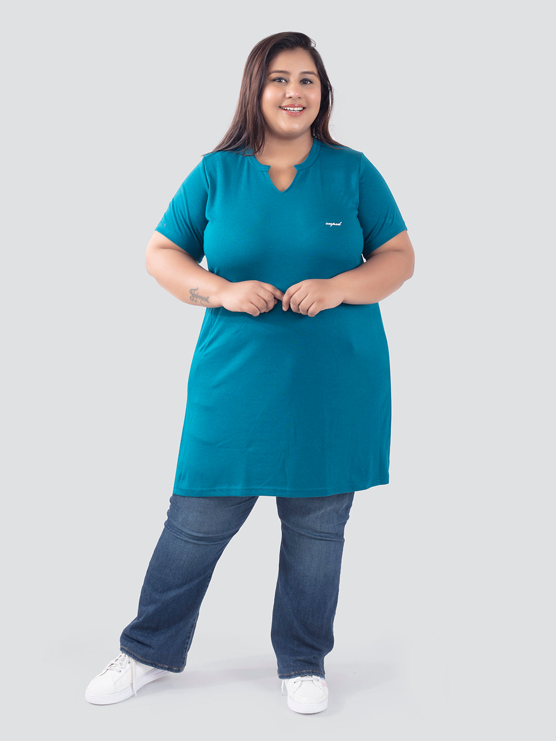 Stylish Teal Blue Cotton Plus Size Half Sleeves Long Top For Women Online In India