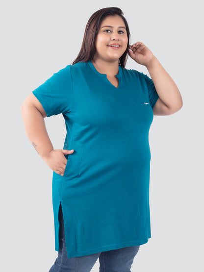 Stylish Teal Blue Cotton Plus Size Half Sleeves Long Top For Women Online In India