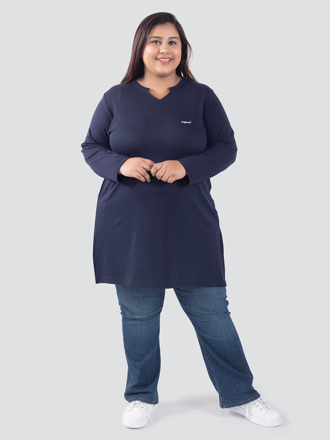 Stylish Navy Blue Plus Size Cotton Long Top For Women (Full Sleeve) Online In India