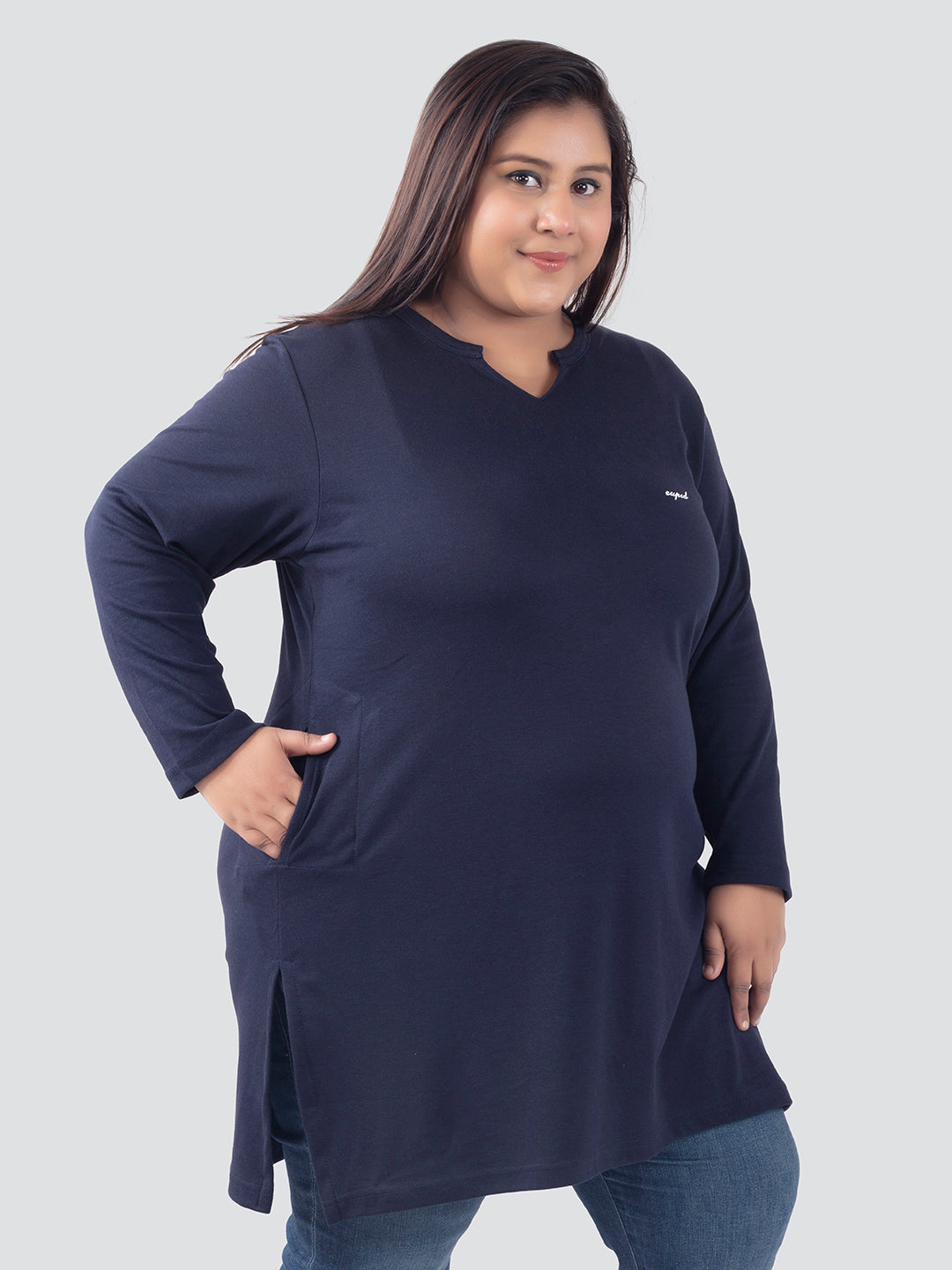 Stylish Navy Blue Plus Size Cotton Long Top For Women (Full Sleeve) Online In India