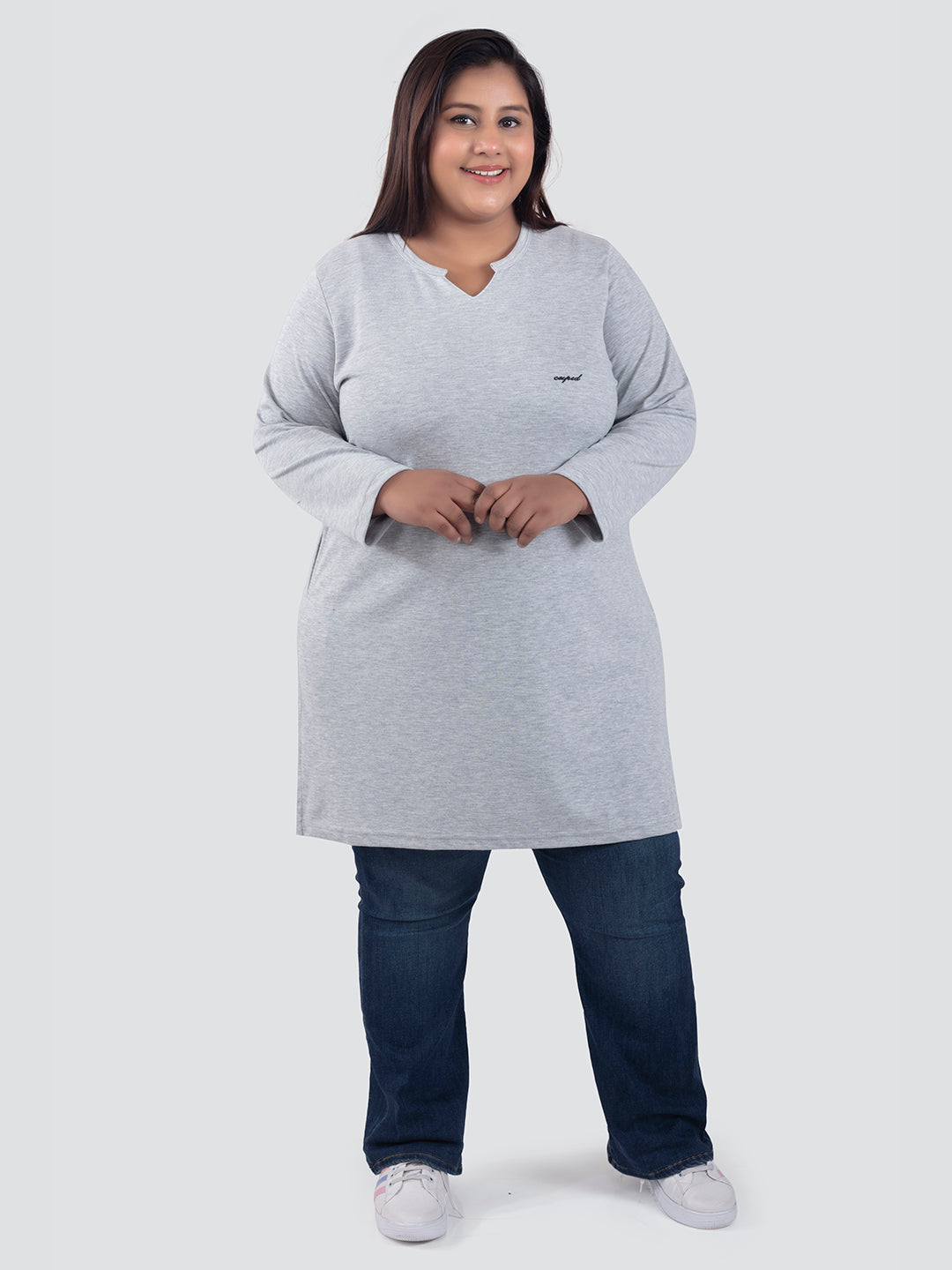 Stylish Grey Cotton Plus Size Full Sleeves Long Top For Women Online In India