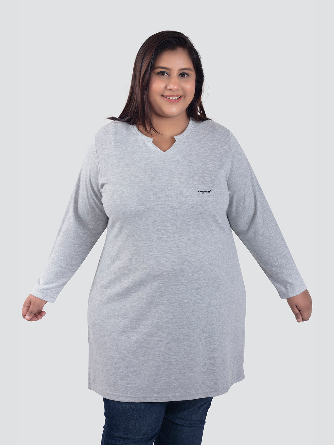 Stylish Grey Cotton Plus Size Full Sleeves Long Top For Women Online In India