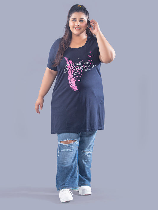 Stylish Navy Blue Plus Size Cotton Short T-shirts For Women At Best Price