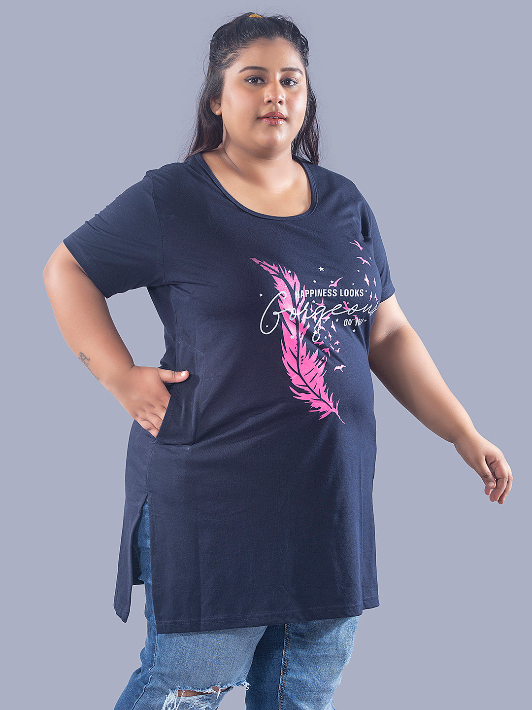 Stylish Navy Blue Plus Size Cotton Short T-shirts For Women At Best Price