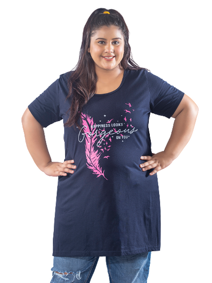 Plus Size Long T-shirt For Women - Half Sleeve - Navy Blue