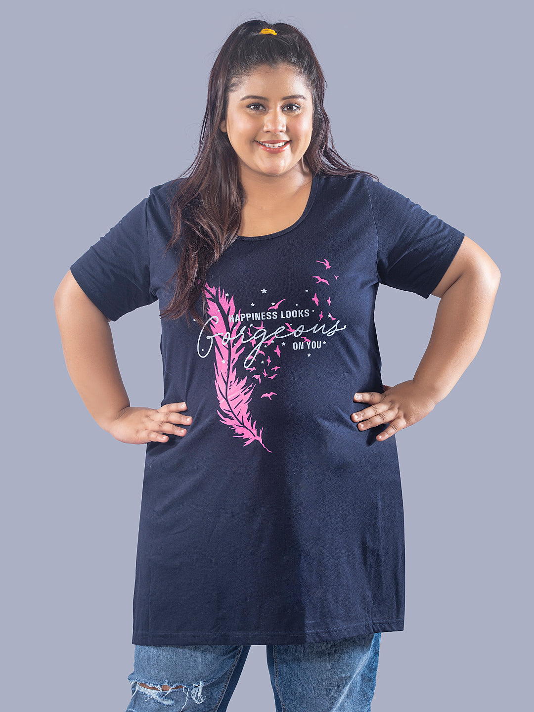Stylish Navy Blue Plus Size Cotton Short T-shirts For Women At Best Price