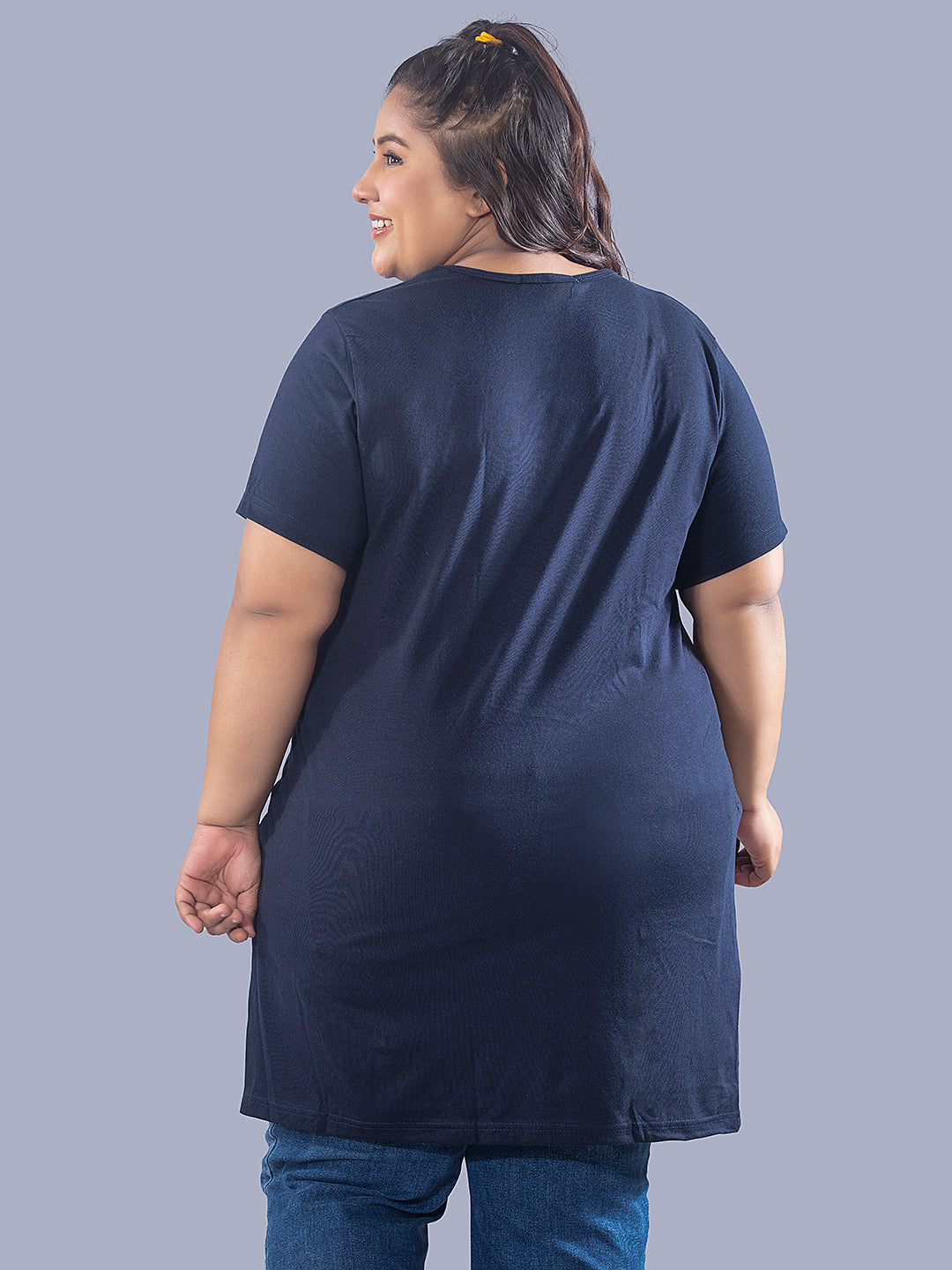 Plus Size Long T-shirt For Women - Half Sleeve - Navy Blue