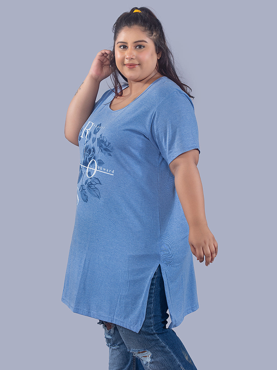 Stylish Sky Blue Cotton Plus Size Half Sleeve Long T-shirts For Women Online In India