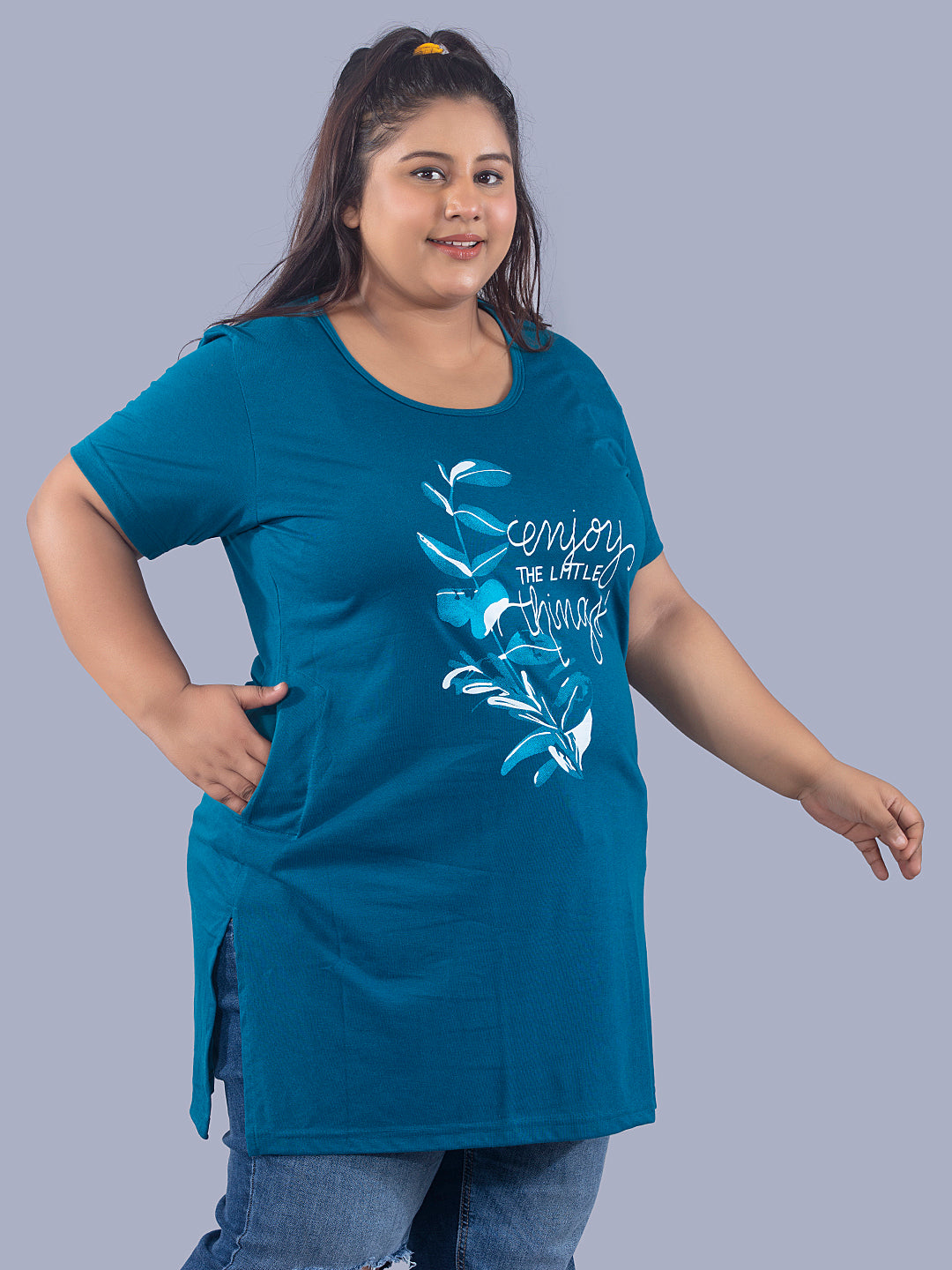 Stylish Teal Blue Cotton Plus size Half Sleeve Long T-shirts For Women At Best Prices