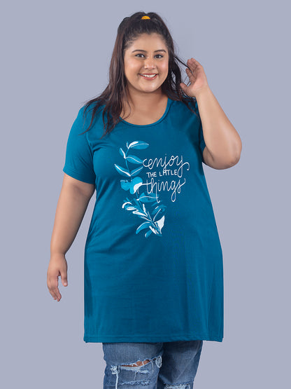 Stylish Teal Blue Cotton Plus size Half Sleeve Long T-shirts For Women At Best Prices
