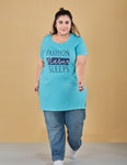 Plus Size Long T-shirt For Women - Half Sleeve - Turquoise