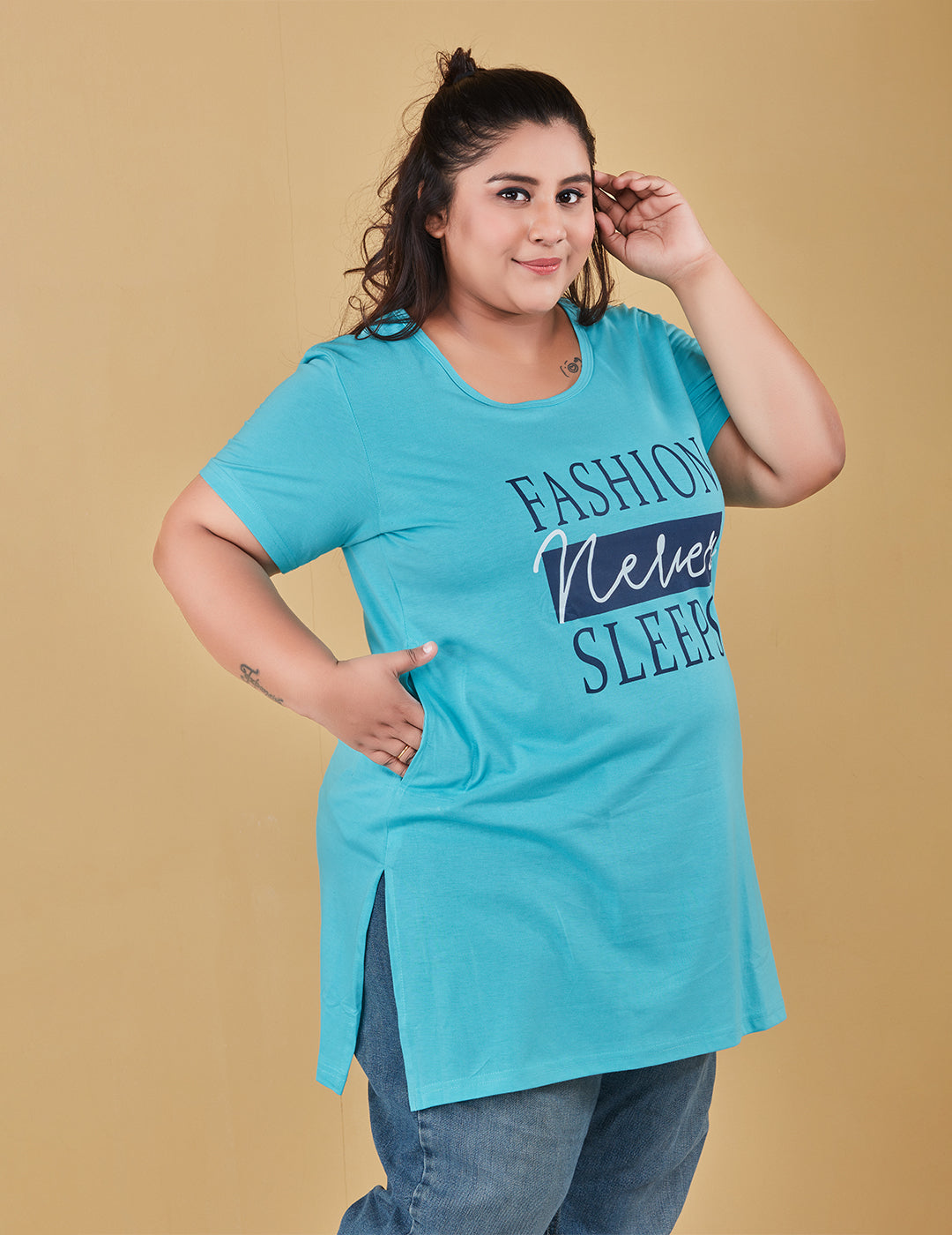 Comfy Turquoise Cotton Plus Size Half Sleeve Long T-shirt For Women Online In India