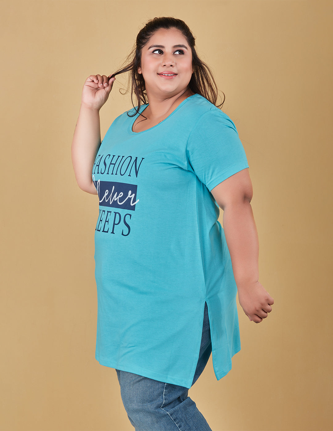 Comfy Turquoise Cotton Plus Size Half Sleeve Long T-shirt For Women Online In India