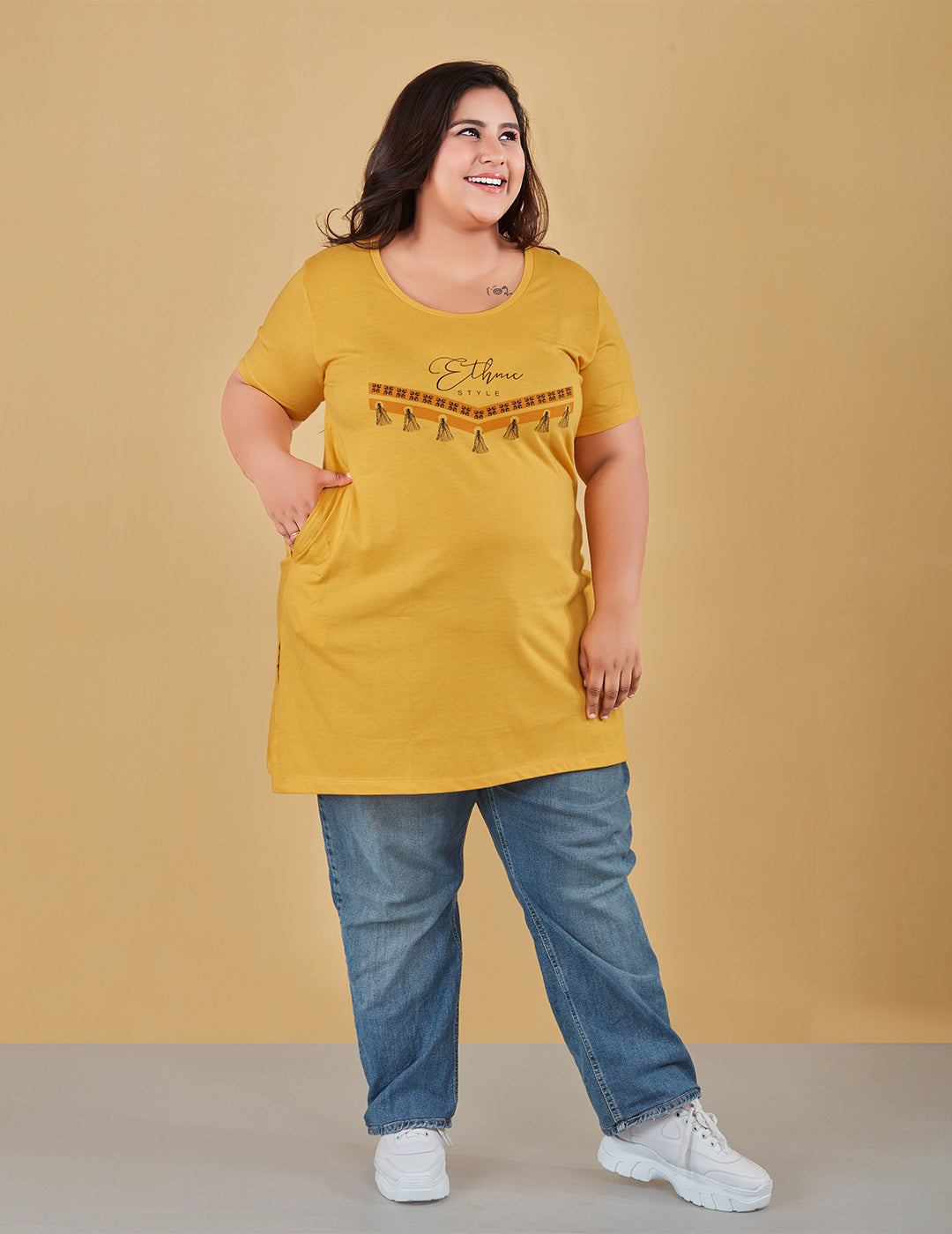 Breezy Plus Size Long T-Shirt For Women In Half Sleeves - Yellow