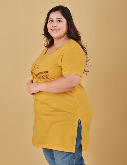 Breezy Plus Size Long T-Shirt For Women In Half Sleeves - Yellow