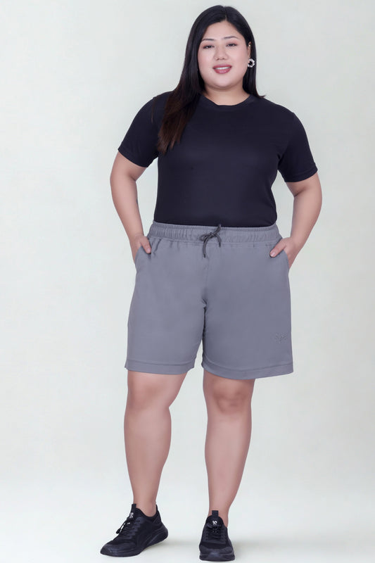 Women's High-Waisted Design Drawstring Waist Blended Regular Fit Shorts- Grey