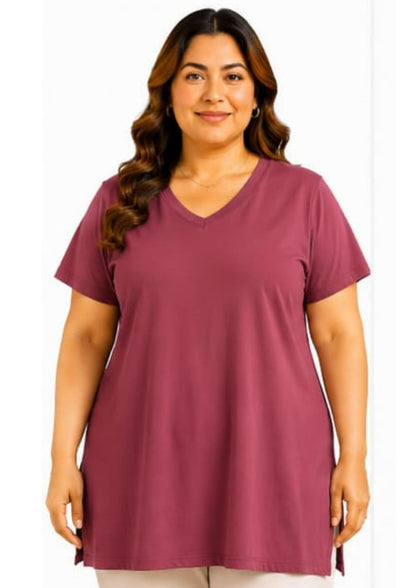 Woman Cotton Lycra V-Neck  Active Tees –Mauve