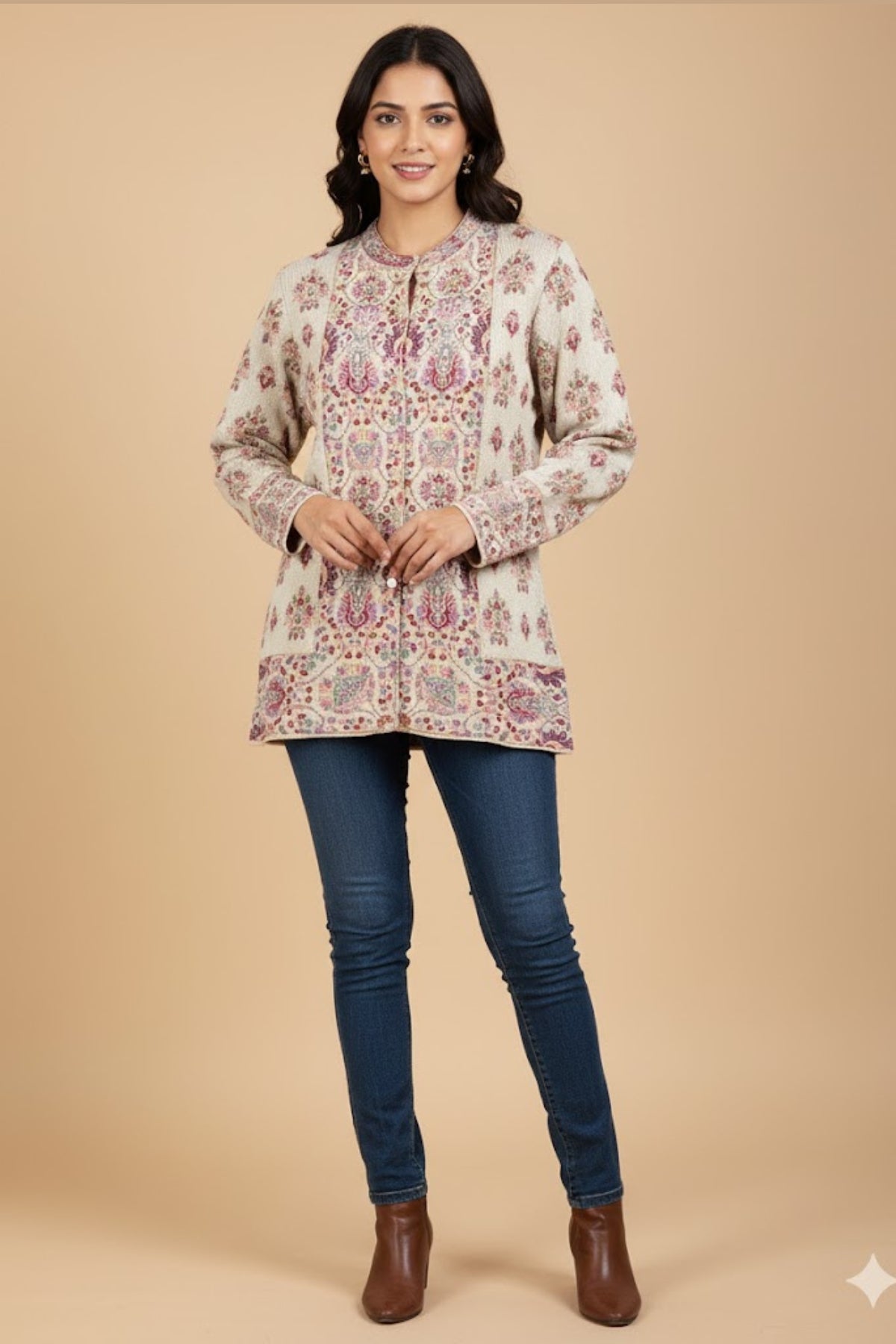 Jacquard Knit Warm Woollen Cardigan - Off White