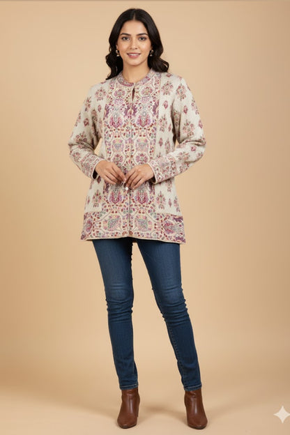 Jacquard Knit Warm Woollen Cardigan - Off White