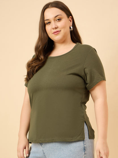 Plus Size Plain Cotton T-Shirt For Women - Olive Green